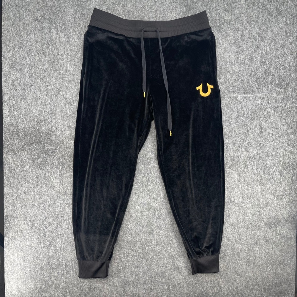 True Religion Velour Joggers Mens Large Black Gold Horseshoe Logo Sweatpants